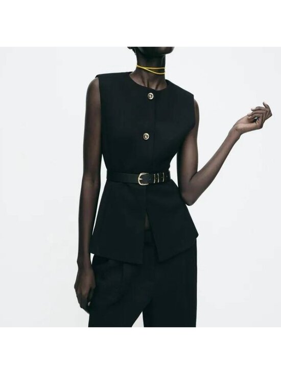 Zara Tops - Zara Black Sleeveless Blazer Vest with Belt Medium Round Neck 2349/573 NWT